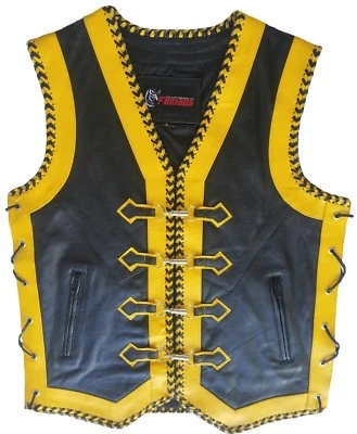 Motorcycle Leather Vest Designer Bike Rider Leather Black & Yellow Braided Vest — 第 1/3 张图片