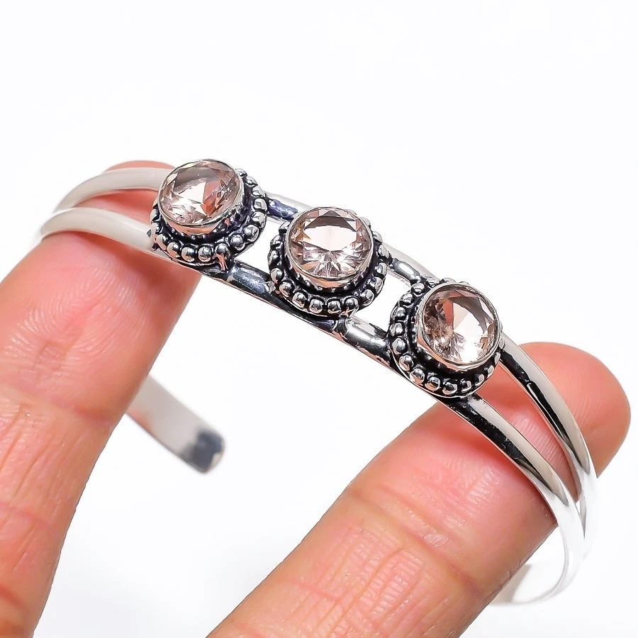 Peach  Morganite Gemstone Handmade 925 Sterling Silver Adjustable Cuff Bracelet - Image 1 of 1