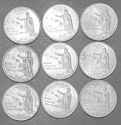 2008-P & D~Hawaii Quarter~1 LOT of 9 error coins~Annealing, Grease, Gold Tinting - Image 1 of 2