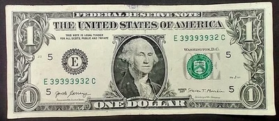 $1 Fancy Serial Number. Almost super Repeater- 39393932 (363) - Image 1 of 2