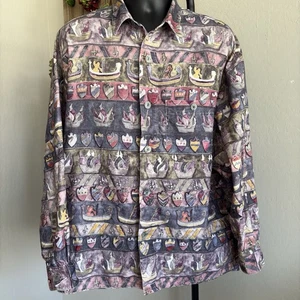 Vintage Signum Germany Shirt L Medieval Ships & Coat of Arm Print Brushed Cotton - Picture 1 of 9