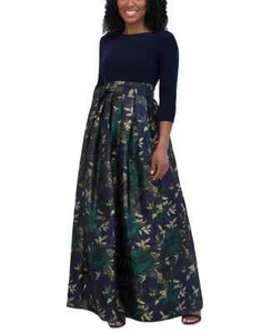 $199 Jessica Howard Petite Floral-Skirt Tie-Waist Evening Gown, Navy Multi, 10P - Picture 1 of 3