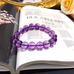 Pulsera de cuentas redondas de cristal de amatista púrpura natural genuino de 12 mm AAA - Imagen 1 de 6