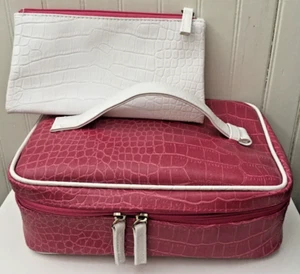 Lancome PINK Croc with WHITE Trim Top Handle Cosmetic Make Up Travel Bag Case - Picture 1 of 9