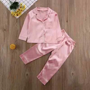 Fashion Baby Kid Girls Satin Autumn Winter Pajamas Set Solid Long Sleeve Button - Picture 1 of 27