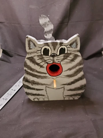 Handmade, Hand Painted Cat Shaped Birdhouse Gray Tabby Hanging 8.75" Cover
