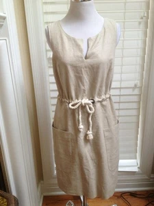 Maeve Linen Khaki Beige Shimmer Rope Accent Belt Front Pockets dress Size 2 - Picture 1 of 9