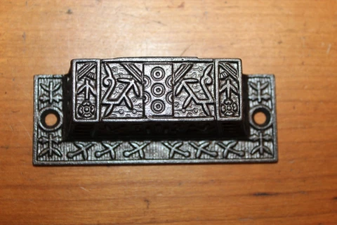 Antique Victorian Ornate Cast Iron Bin Apothecary Cupboard Drawer Pull L-109 Cover