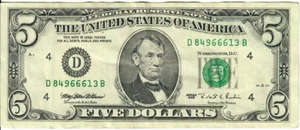 1995 5$ FRN - Small portrait w/ security thread - MEW/RER D84966613B - #15334 - Picture 1 of 2