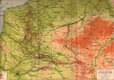 "THE WESTERN FRONT" WWI, FRANCE, LUXEMBOURG, BELGIUM Antique original map c1920 - Image 1 of 4
