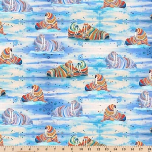 Wild Waters Blue One Way Walruses 05483B 100% Cotton Fabric By half yard - Picture 1 of 2