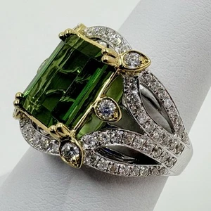 EFFY 3 cts Green Tourmaline and 1 cts Natural Diamonds 14k Gold Ring - Picture 1 of 12