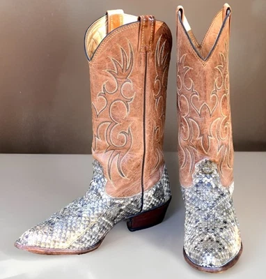 Vintage Larry Mahan Diamondback Rattlesnake & Brown Goatskin Cowgirl Boots 7.5B - Image 1 of 4