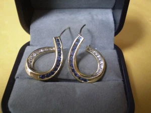 Pair of 14K Yellow Gold Ladies Sapphire & Diamond Hoop Earrings        3.9 grams - Picture 1 of 4