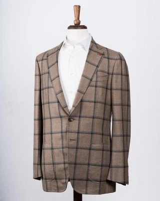 Abrigo deportivo Isaia $3,895 beige gris ventana mezcla lana cachemir 48 IT 38 EE. UU. Foto 1 de 4