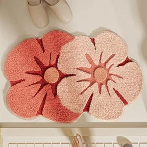 Dual Pink Floral Shaggy Bathroom Rug - Irregular Shaped Art Bath Mat, Water A... - Picture 1 of 3