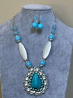 Blue And White Lucite Bead Pendant Necklace earring set