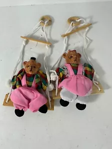 VINTAGE Teddy Bear Boy Girl ON A WOODEN HANGING SWING Marionette PINK - Picture 1 of 8