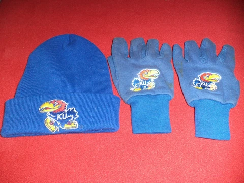 University of Kansas KU Jayhawks Stocking Cap Hat Blu Winter Knit + gloves Cover