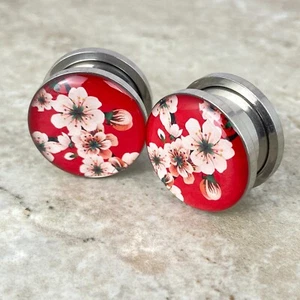 Pair of Screw on Red Floral Style 2 Picture Plugs gauges 16g thru 1 inch - Picture 1 of 2