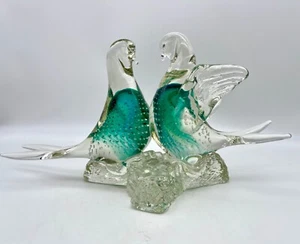 Vidrio Artístico Love Birds on Nest Rama Verde Vidrio Transparente Burbujas Controladas 7" Alto - Imagen 1 de 11