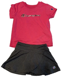 24 meses 2T Niñas CAMPEÓN Negro Camuflaje Logo Rosa Camiseta y Gris Falda Corta Conjunto - Imagen 1 de 6