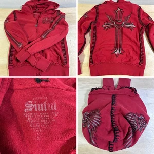 Sinful By Affliction Damen M Gothic Engel Kreuz Full Zip Y2K Rot Hoodie Naht - Bild 1 von 10