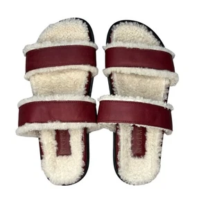 M Gemi Aida Bordeaux Red Leather Shearling Lined Two Strap Slip On Sandals 6.5 - Picture 1 of 7