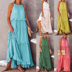 Women Beach Dresses Camisole Dress Summer Ruffle Loose Holiday Maxi Dresses - Picture 1 of 24