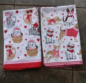 Valentine's Kitchen Towels Cats Dogs Hearts Hand Towel Set Of 2 Cotton - Picture 1 of 8