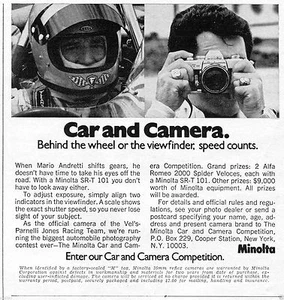 1972 small Print Ad of Minolta Car and Camera Corp SRT-101 with Mario Andretti - Picture 1 of 2
