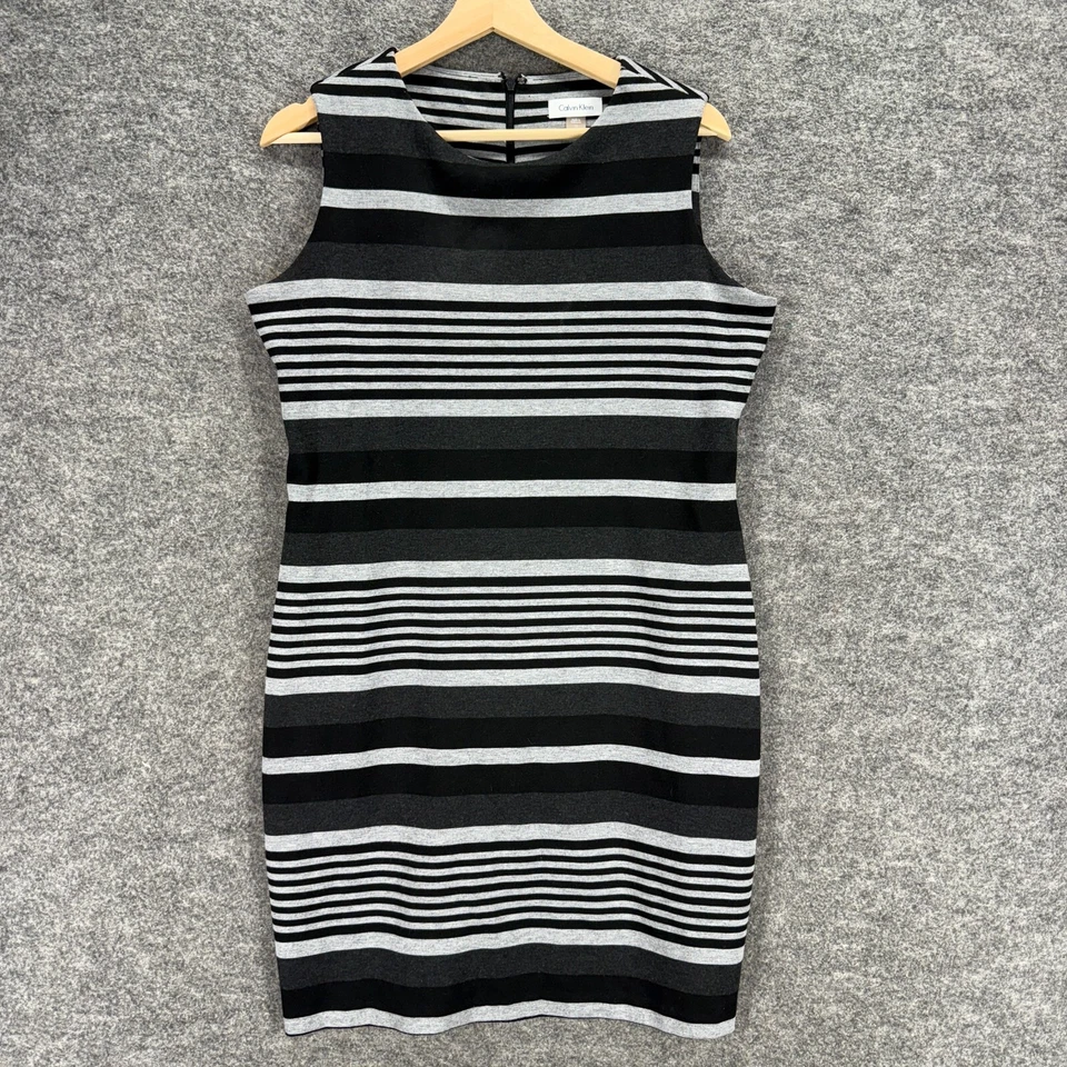 Vestido Calvin Klein Mujer 12 Negro Rayas Funda Midi Cremallera Cuello Redondo Rayón Foto 1 de 4
