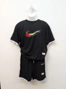 Herren Schwarz Sport T Shirt & Shorts Set Bunt Swish Design Outfit L Schwarz - Bild 1 von 12