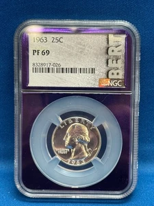 1963 Washington Quarter NGC PF69 – Brilliant 90% Silver Proof Coin Purple Insert - Picture 1 of 4