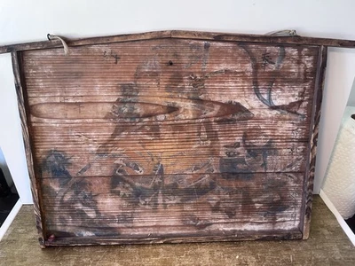 "Pintura grande japonesa antigua pintada a mano Ema Samurai sobre madera pátina de 27,5"" x 17""" Foto 1 de 4