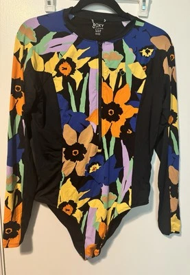 ROXY X-Large Negro con Flores Manga Larga Traje de Neopreno/Traje de Baño/Traje de Surf Cremallera Foto 1 de 3