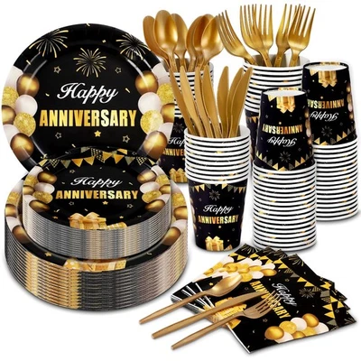 168Pcs Black and Gold Party Supplies Tableware Set Happy Anniversary Plates, ... - Изображение 1 из 4