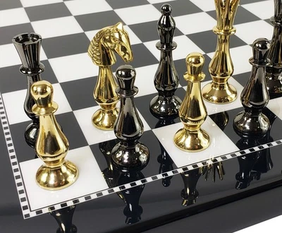 Brass Metal Spiked Qn Staunton Chess Set Gold & Black W/ 15" Black & White Board - Image 1 of 4