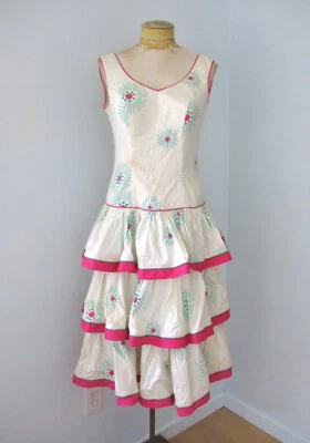 Vestido de té vintage años 80 Antonia blanco rosa verde starburst 100% algodón con volantes en capas 8 Foto 1 de 4