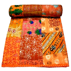 Indian Handmade Assorted Embroidered Orange Patchwork Queen Kantha Quilte Throw - Picture 1 of 4