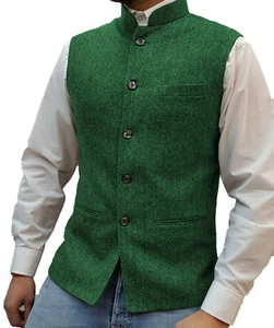 Formal Mens Stand-Up Collar Vests Tweed Waistcoat Herringbone Wedding Retro Wool - Picture 1 of 25
