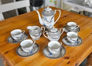Vintage Japanese Moriage Dragon Ware Porcelain Coffee Tea Set, Blue, Grey, White - Picture 1 of 24