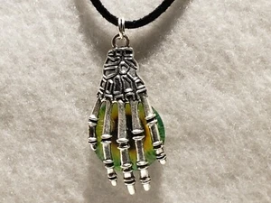 Silver Tone Skeleton Hand w/Yellow Glass Dragon Monster Cat Eye Necklace Jewelry - Picture 1 of 4
