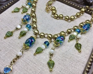 Vintage Inspired Necklace-up-cycled Vintage Glass Beads, 20” Chain, Blue, Green - Picture 1 of 5