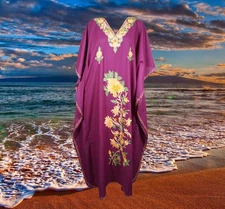 Womens Caftan Maxi Dress, Handmade Purple Floral Embroidered Kimono Dress, L-2XL