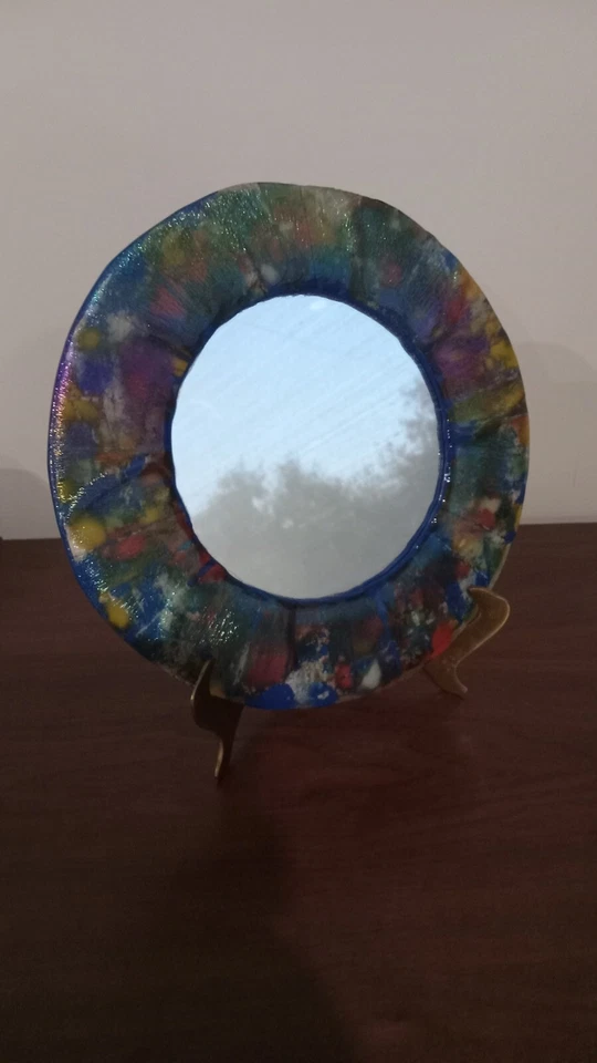 Unique Petite Artisan Circular Wall Mirror W/ Art Glass Iridiscent Colors Frame  - Image 1 of 4