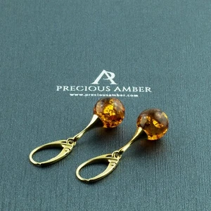 Cognac Baltic Amber Gold Round Long Gemstone Large Earrings Women's Lever back  - Imagen 1 de 5