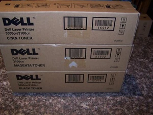 SET OF 3 Dell 3000cn 3100cn Toner Cartridge OEM NEW BLACK CYAN MAGENTA - Picture 1 of 3
