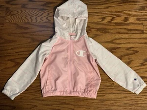 Little Girl Size 5 CHAMPION Logo Unlined Pockets Hooded Rain Jacket Pink/White - Picture 1 of 14