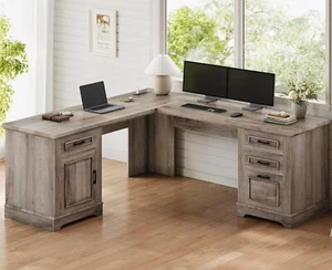 Farmhouse L Shaped Desk, Executive Computer Desk with Drawers & Storage Cabinet - Picture 1 of 8